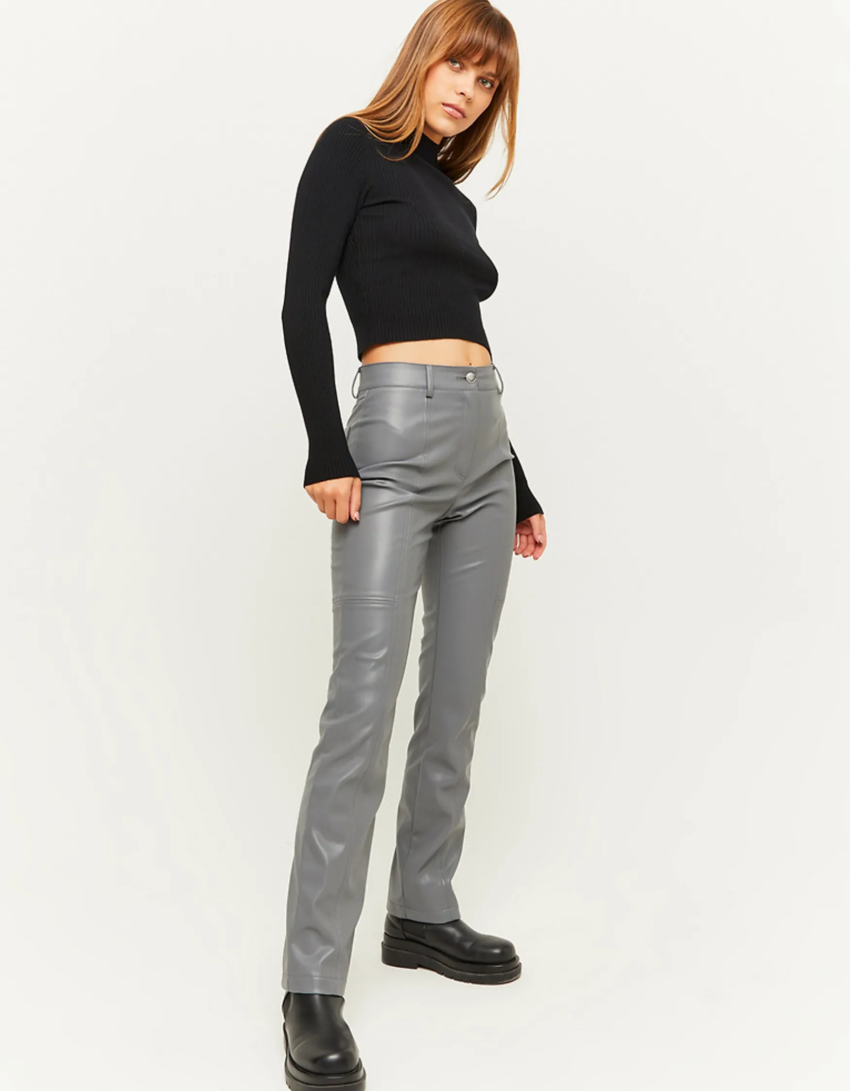 Tally Weijl Grey Faux Leather Straight Leg Trousers^ Hosen