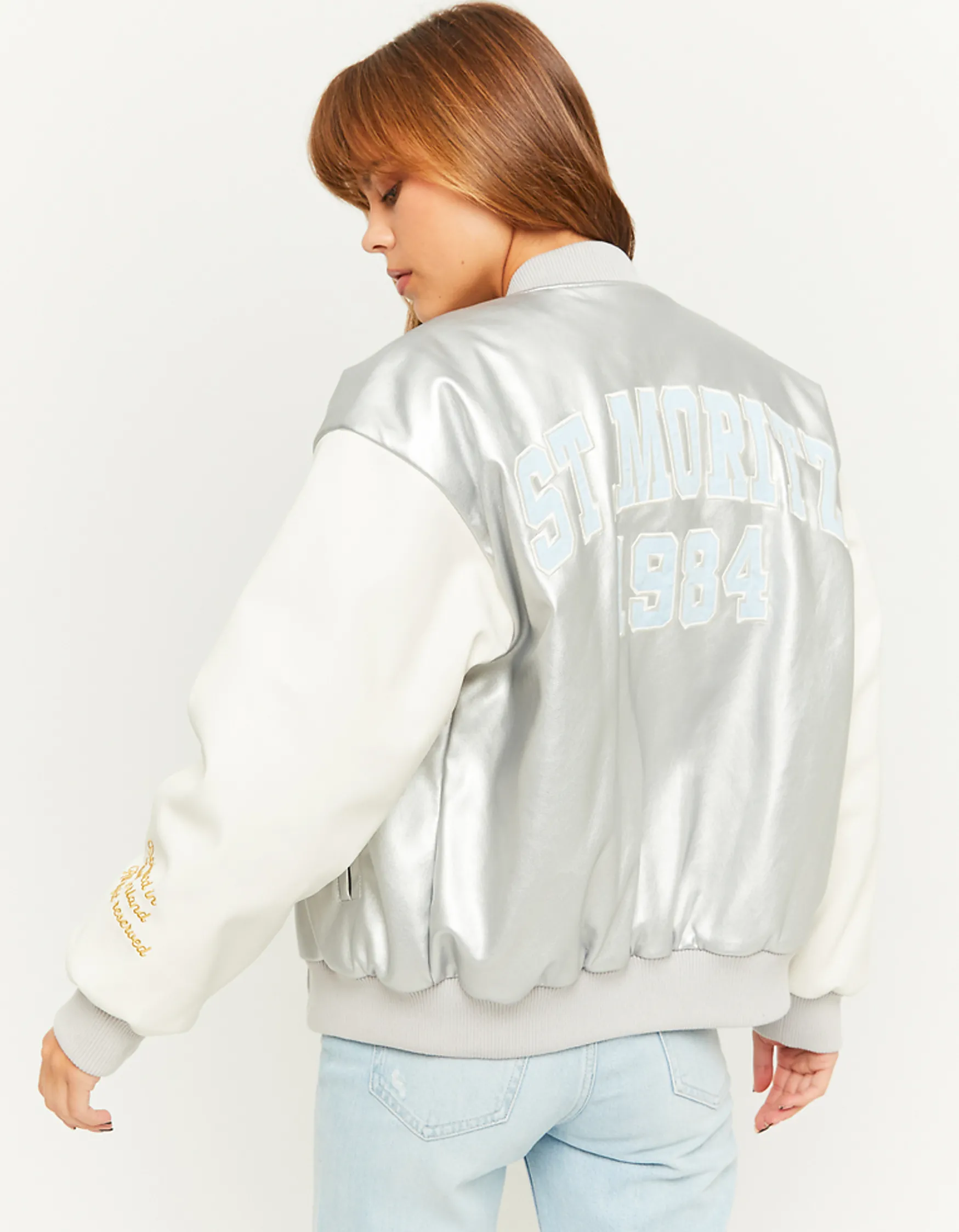 Tally Weijl Silberne Kunstleder-Varsity-Jacke^ Jacken