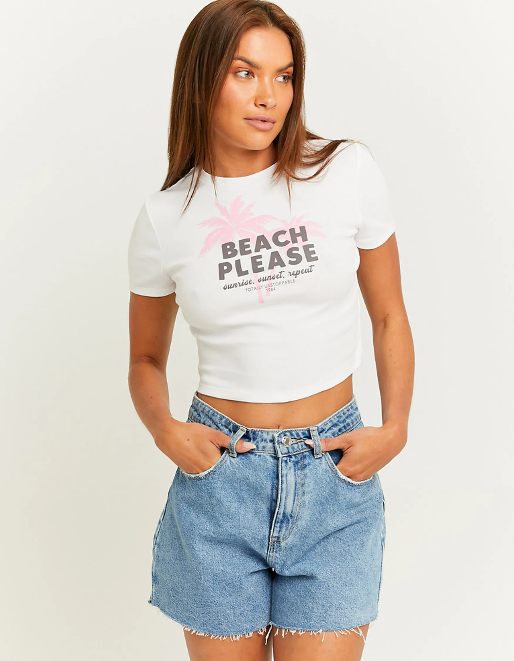 Tally Weijl Weisses Crop T-Shirt mit Print^ T-Shirts Mit Print